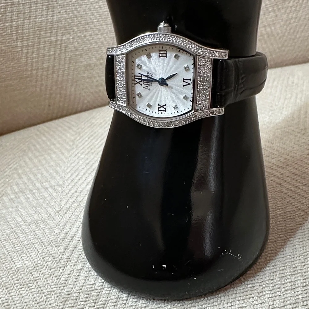 Elegant Black and Silver Affinity Leather Diamond Women's Watch.
